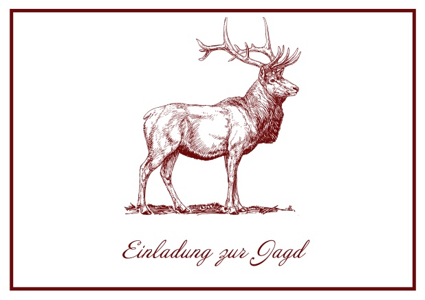 Classic online hunting invitation card with a large stag and a fine frame. Red.