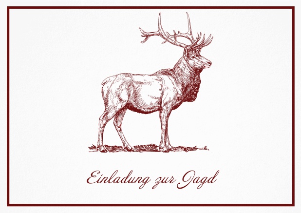 Classic hunting invitation card with a large stag and a fine frame. Red.