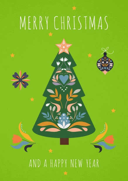 Green Holiday card with Christmas text and green tree.