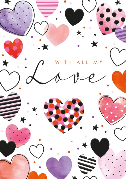 Online Greeting card with colorful hearts and With All my Love text