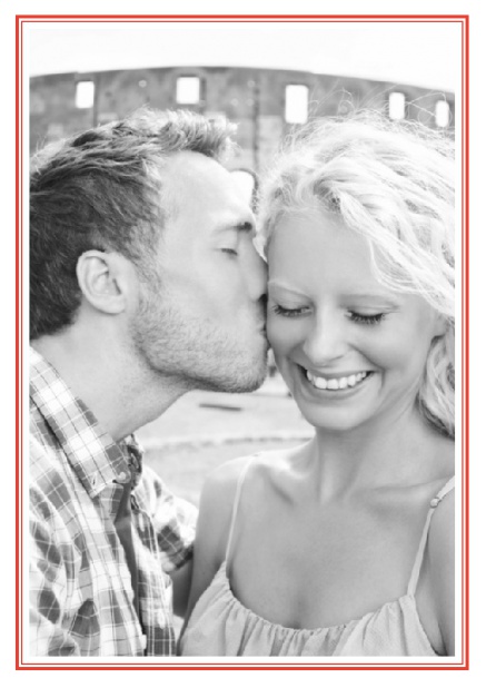 Online Classic Wedding save the date card in portrait with photo and fein double lined frame in choosable colors. Red.