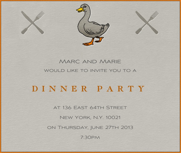 Grey Dinner Invitation Card with Red Border, duck and Cutlery.