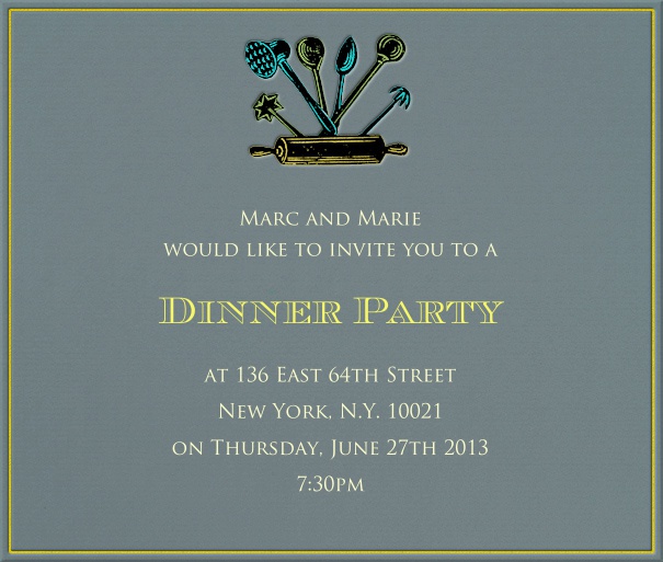 Dark Aqua Dinner or Party Invitation Design With Cooking Implements.