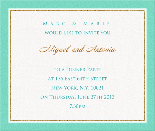 White Dinner Invitation with Blue and Gold Border.