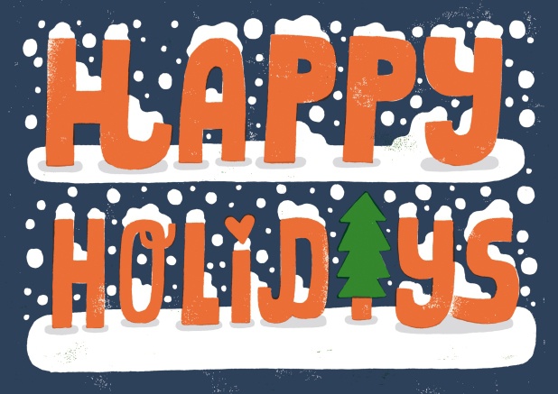 Blaue Karte mit orangfarbenen Slogan "Happy Holidays".