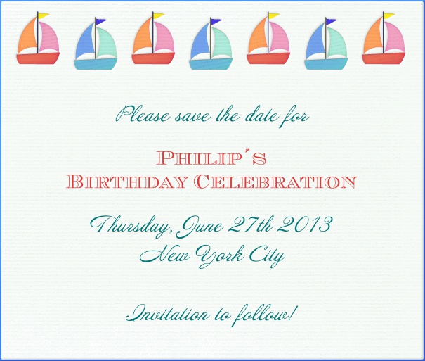 White Kids' Birthday Party Save the Date with Sailboat Theme.