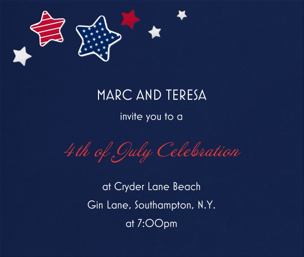 Blaue Einladungskarte in Quadratformat mit dekorativen Sternen in rot, weiss und blau mit streifen und stern Muster.