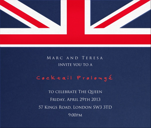 Blue British Themed Invitation with Union Jack Design.
