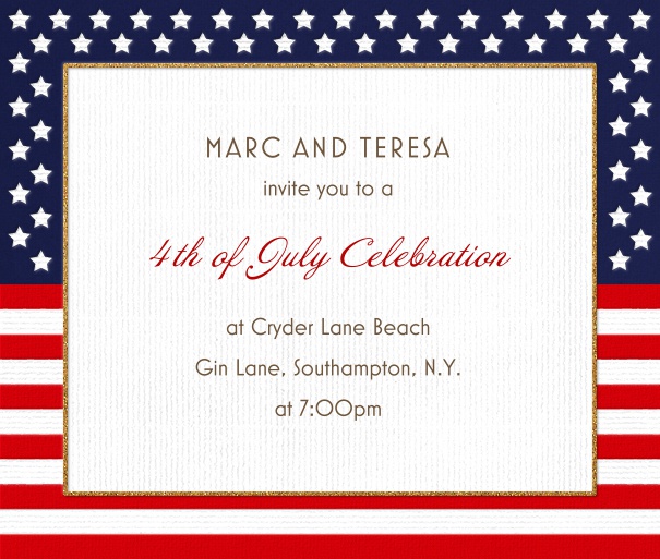 Weisse Einladungskarte in Quadratformat eingerahmt mit Muster der Fahne von den Vereinigten Staaten von Amerika mit Sternen und Streifen.