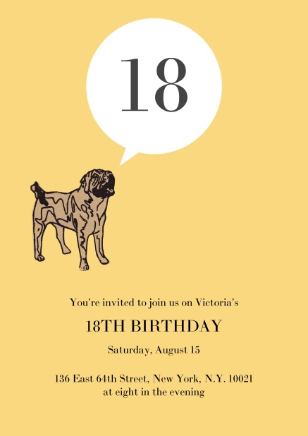 Online birthday invitation with pug barking the 18.