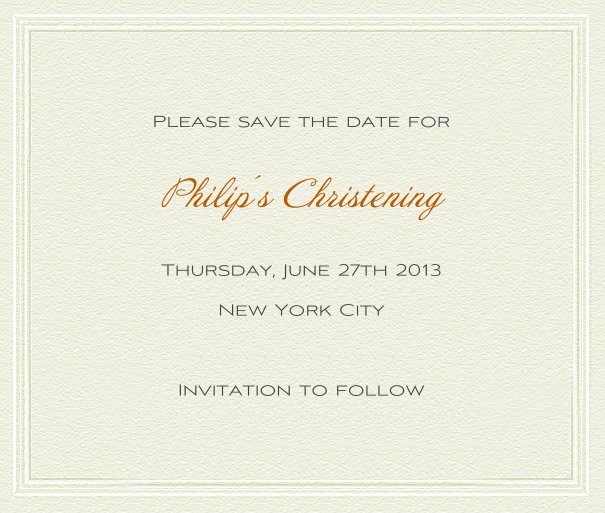 Paper Themed White Christening and Confirmation Save the Date card with thin border and green text.