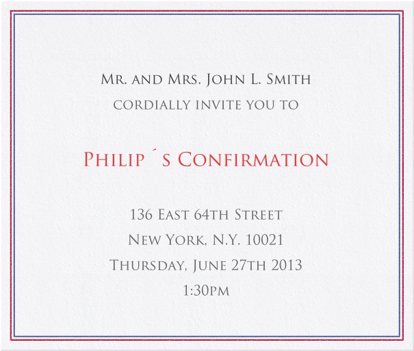 White Christening and Confirmation Invitation Card with blue and red border.