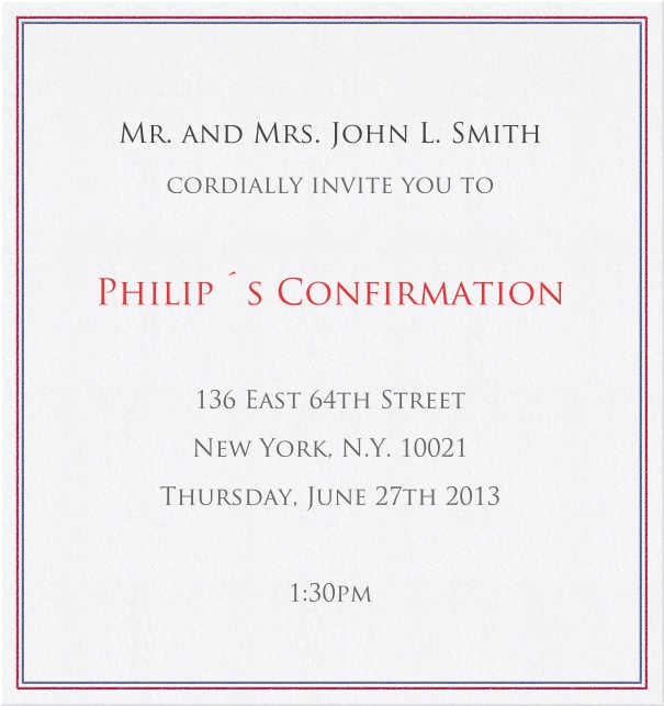 Weiße Einladungskarte für Taufe und Konfirmationen mit rot-blauem Rahmen.