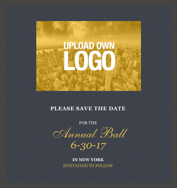 Online Save the Date template for corporate events and annual ball with dark background and squared text box to upload own logo.