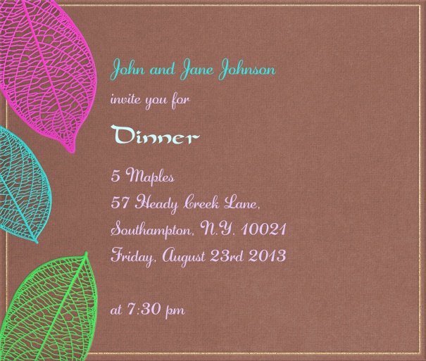 Square Brown Invitation Party Card with Neon Leaves and white border.