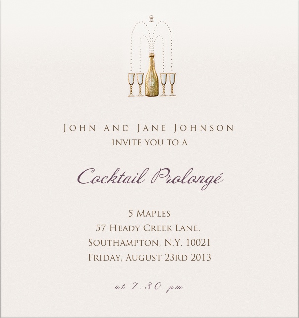 Online Cocktail Party Invitation for corporate or personal use with champagne bottle and glasses.