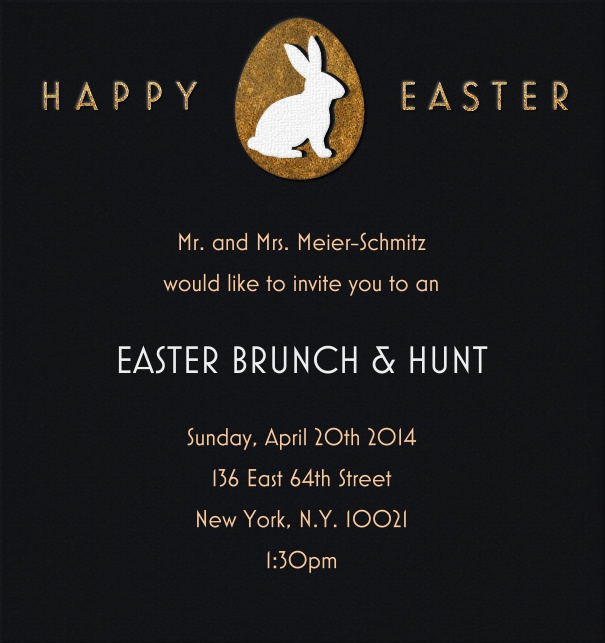 High Black Easter Invitation Card with Easter Bunny and Happy Easter Motif.