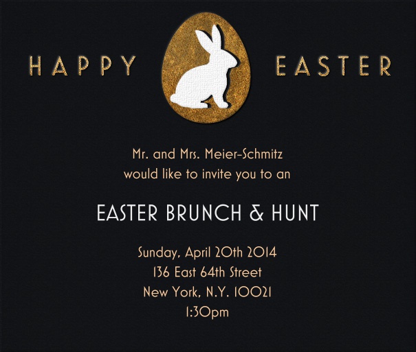Black Easter Invitation Card with Easter Bunny and Happy Easter Motif.