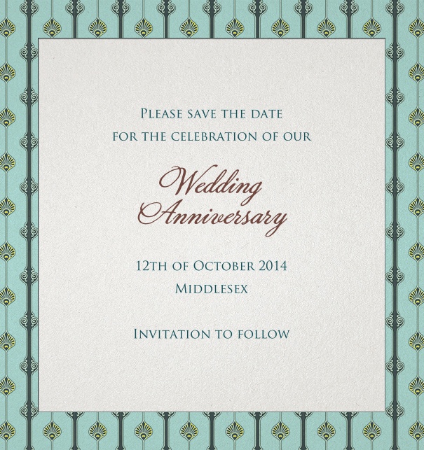 Green Online Wedding Save the Date with Art-Deco Border and formal motif.