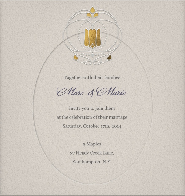 Art Nouveau Online Wedding Invitation with gold crown.