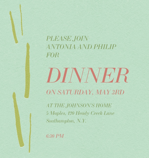 Green online invitation card for dinner or picknic with sparagus on the side and customizable central text field.