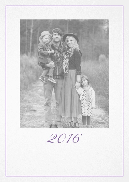 Photo card with red border, photo field and editable 2015 text. Purple.