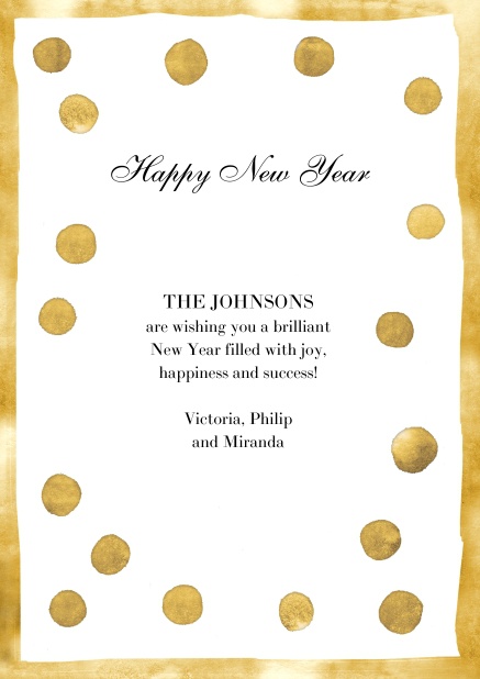Happy New Year online Card with golden frame and golden dots.