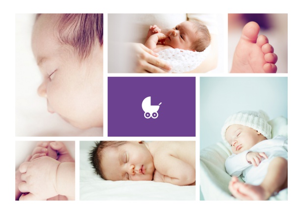 Birth announcement with 6 photo boxes and baby carriage on blue box. Purple.