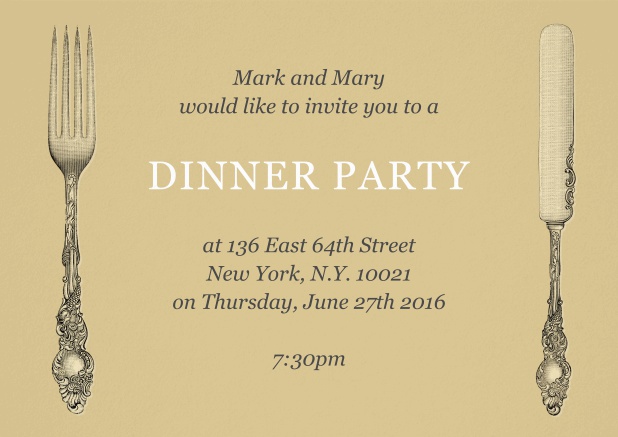 Dinner party invitation card with old fashion fork and knife.