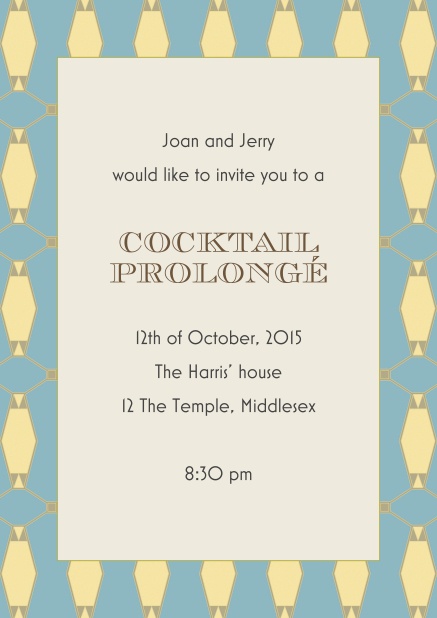 Online cocktail invitation card with blue frame and gold elements.