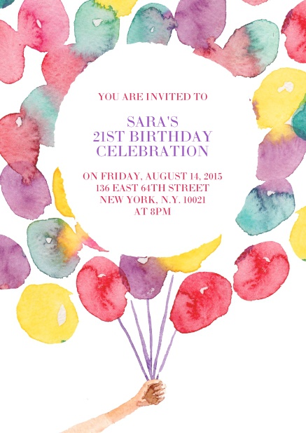 Online invitation with colorful balloons for 21st birthday.