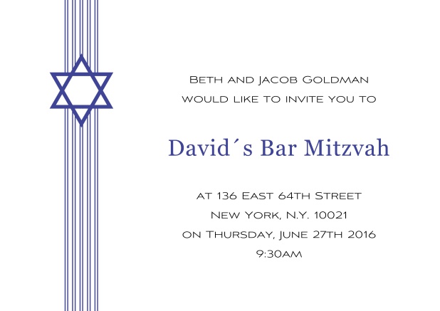 Online White Bar or Bat Mitzvah Invitation card with Star of David in choosable colors. Blue.
