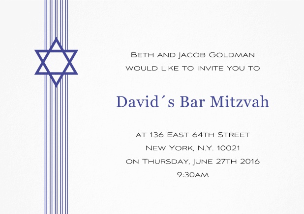 White Bar or Bat Mitzvah Invitation card with Star of David in choosable colors. Blue.