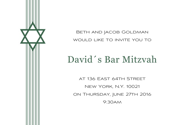 Online White Bar or Bat Mitzvah Invitation card with Star of David in choosable colors. Green.