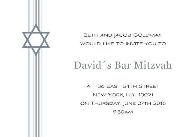 Online Weisse Bar oder Bat Mitzvah Einladungskarte mit Davidstern in auswählbaren Farben. Grau.