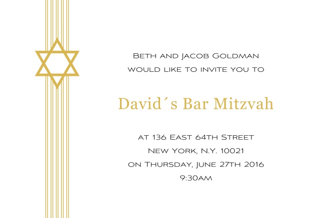 Online White Bar or Bat Mitzvah Invitation card with Star of David in choosable colors. Yellow.