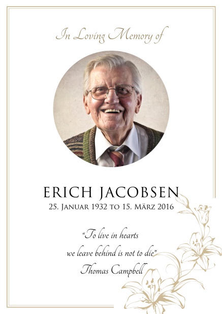 Online Memorial invitation card for celebrating a love one with round photo and flowers. Gold.