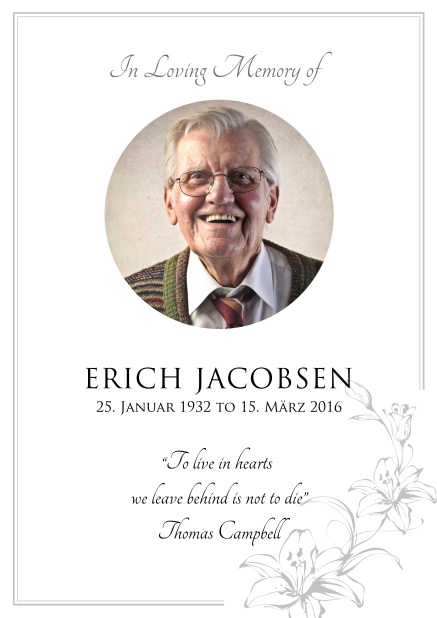 Online Memorial invitation card for celebrating a love one with round photo and flowers. Grey.
