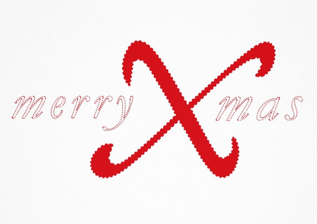 White Christmas card with red merry Xmas with a very large X.