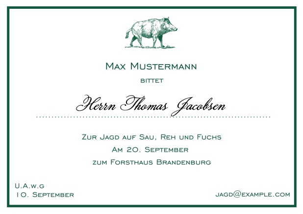 Online Classic hunting invitation card with strong wild boar and fine thin frame in various colors.