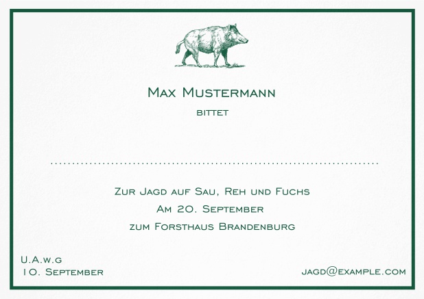 Classic hunting invitation card with strong wild boar and fine thin frame in various colors.