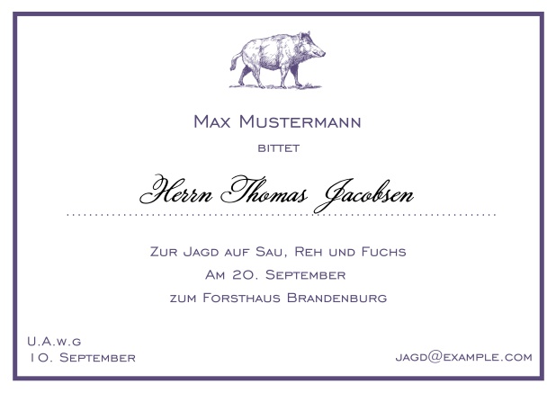 Online Classic hunting invitation card with strong wild boar and fine thin frame in various colors. Purple.