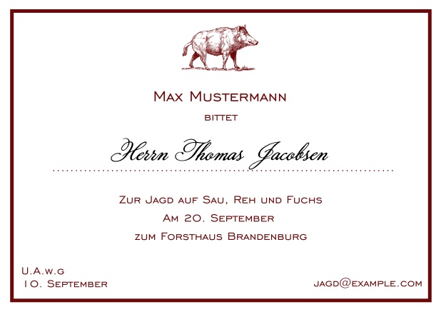 Online Classic hunting invitation card with strong wild boar and fine thin frame in various colors. Red.