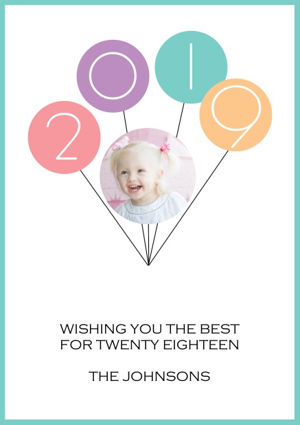Online Happy New Year card with colorful balloons each boasting a number in 2019.