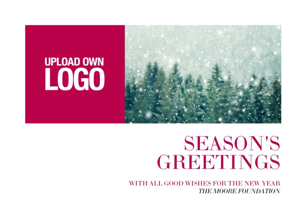 Online Season´s Greetings card with pink box for logo including rights to snowy forest image.