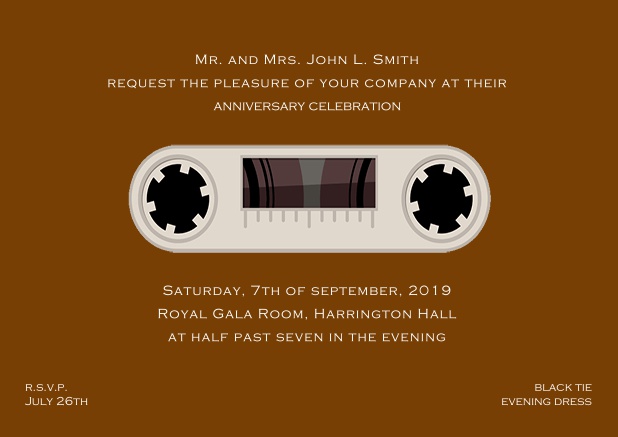 Online invitation card designed as a cassette in color of choice. Brown.