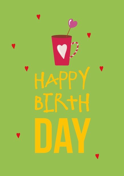 Online Online Birthday card in green with heart cup and straw.