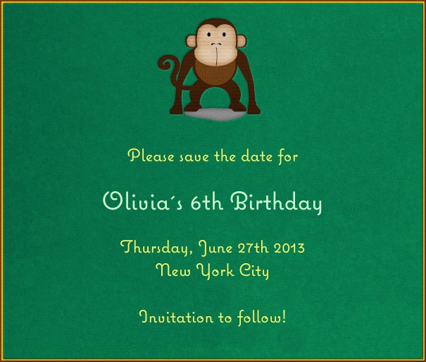 Green  Kids' Birthday Party Save the Date Card with Monkey theme.