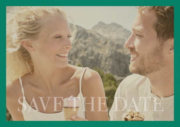 Save the Date photo card for wedding with changeable photo and text Save the Date on the bottom. Green.