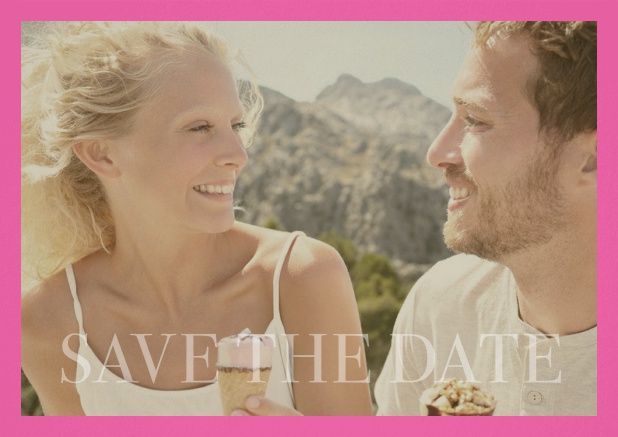 Save the Date photo card for wedding with changeable photo and text Save the Date on the bottom. Pink.